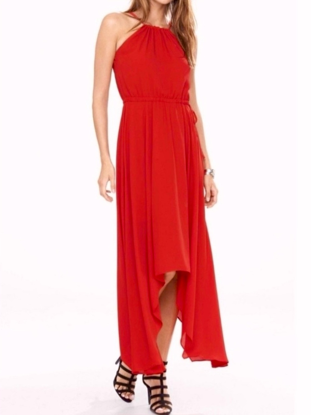 EXPRESS Fully Lined Engine Red Handkerchief Hem Maxi Dress High-Low  Engine Red